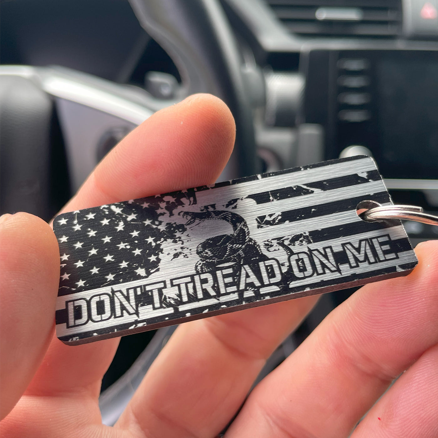 Don't Tread On Me License Plate Frame Set - American Flag & Gadsden Snake Design, Durable 12"x6" Patriotic Car Accessories with Keychain and Coasters