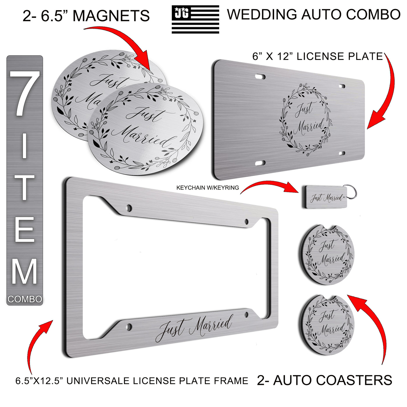 Just Married 7-Piece Wedding Car Decoration Set - License Plate Frame, Magnets, Coasters, Keychain, Complete Elegant Bridal Car Accessories, Perfect Wedding Gift