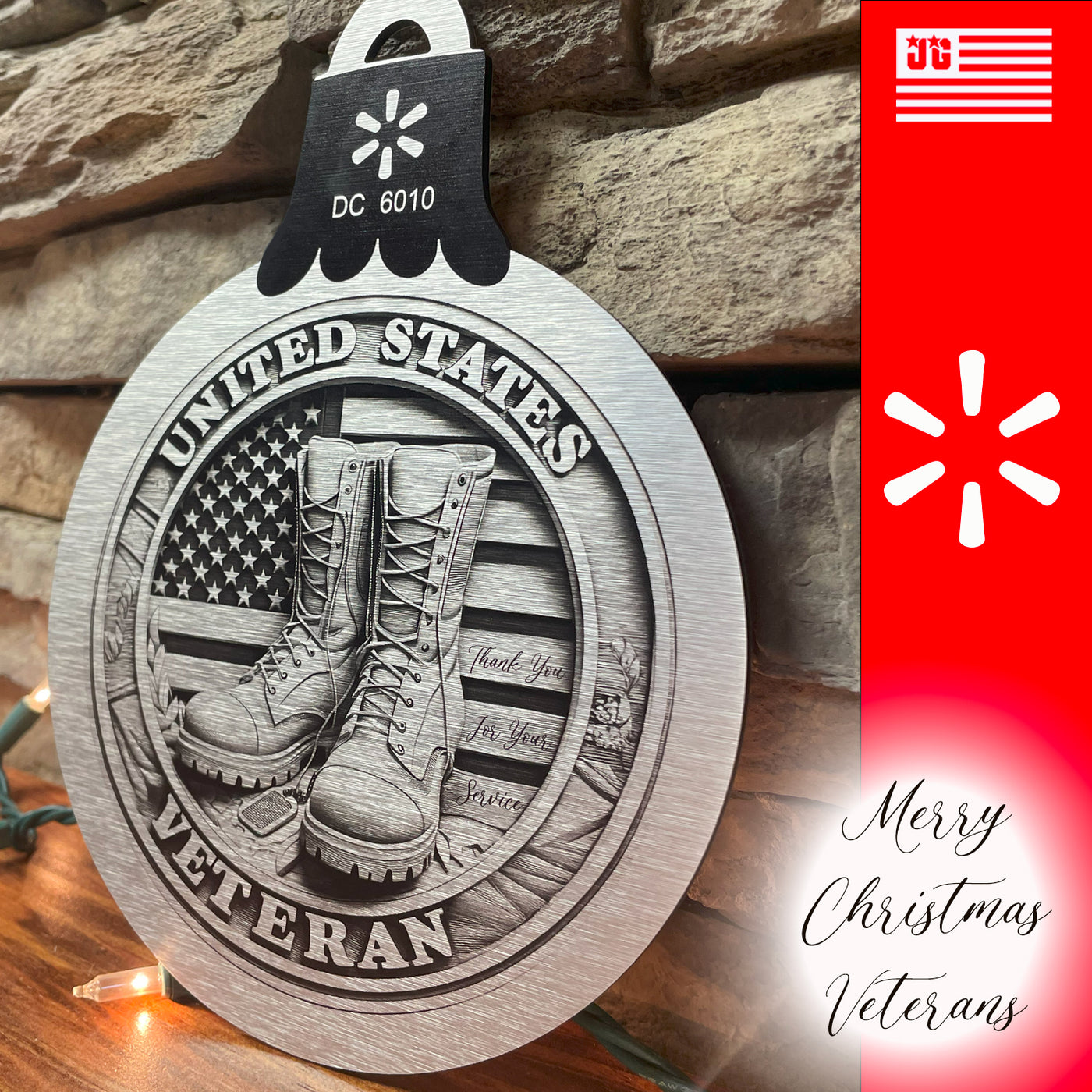 United States Veteran 8x8 Circle Ornament Customizable Metal Wall Art with American Flag and Boots Design - Military Tribute Sign