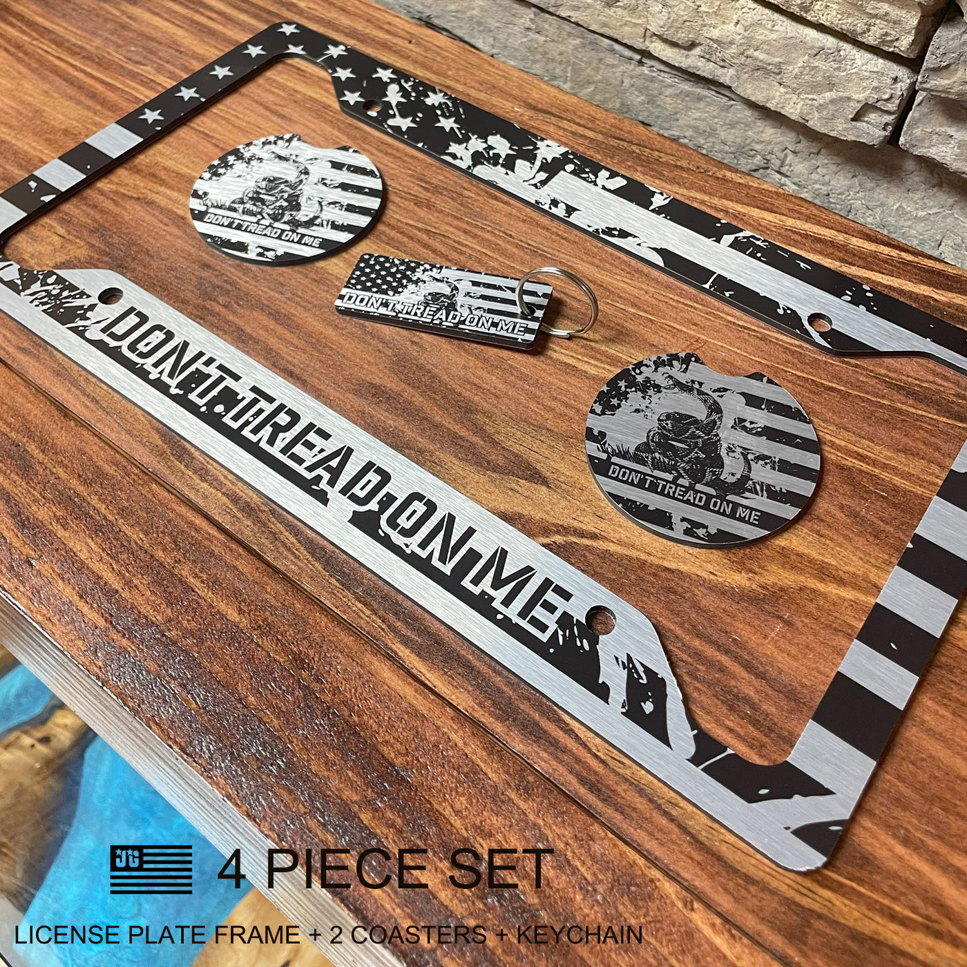 Don't Tread On Me License Plate Frame Set - American Flag & Gadsden Snake Design, Durable 12"x6" Patriotic Car Accessories with Keychain and Coasters