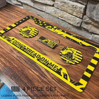 Don't Tread On Me License Plate Frame Set - American Flag & Gadsden Snake Design, Durable 12"x6" Patriotic Car Accessories with Keychain and Coasters