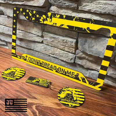 Don't Tread On Me License Plate Frame Set - American Flag & Gadsden Snake Design, Durable 12"x6" Patriotic Car Accessories with Keychain and Coasters