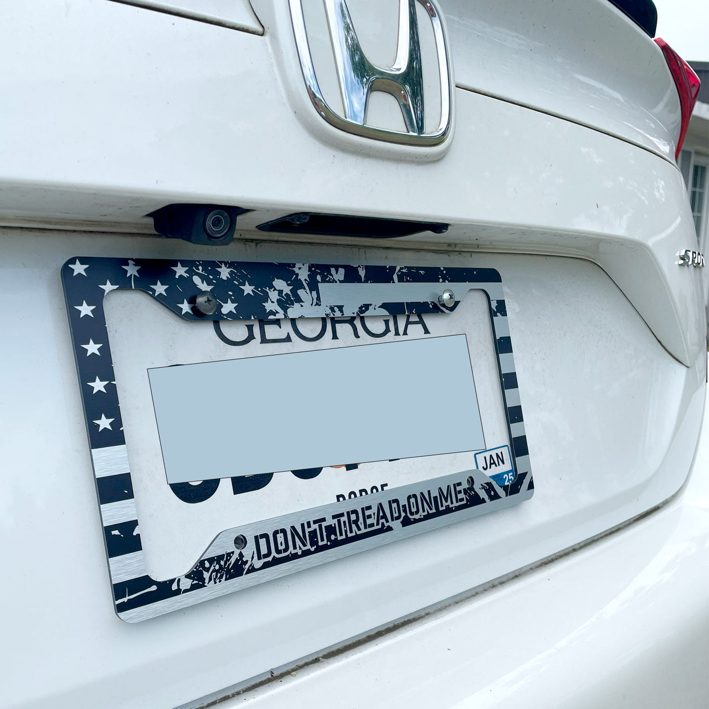 Don't Tread On Me License Plate Frame Set - American Flag & Gadsden Snake Design, Durable 12"x6" Patriotic Car Accessories with Keychain and Coasters