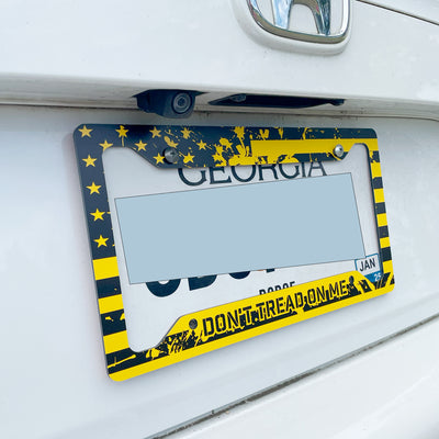 Don't Tread On Me License Plate Frame Set - American Flag & Gadsden Snake Design, Durable 12"x6" Patriotic Car Accessories with Keychain and Coasters