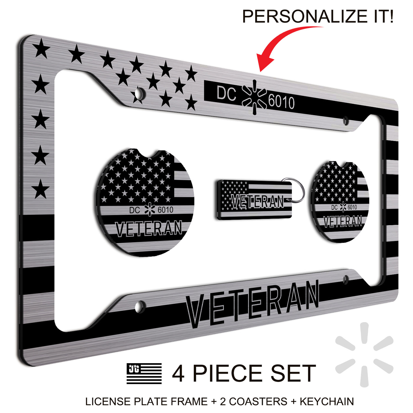 Personalized License Plate Frame + Keychain and 2 Coasters For Veterans