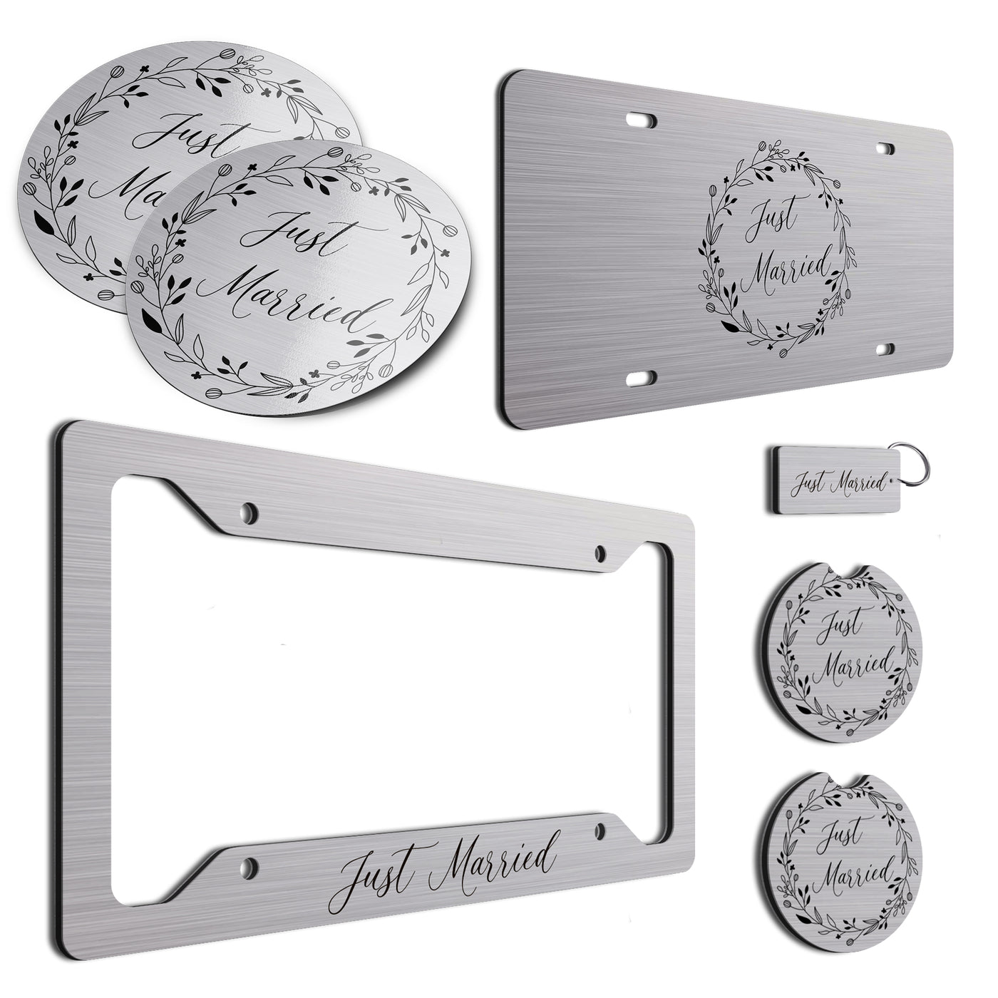 Just Married 7-Piece Wedding Car Decoration Set - License Plate Frame, Magnets, Coasters, Keychain, Complete Elegant Bridal Car Accessories, Perfect Wedding Gift