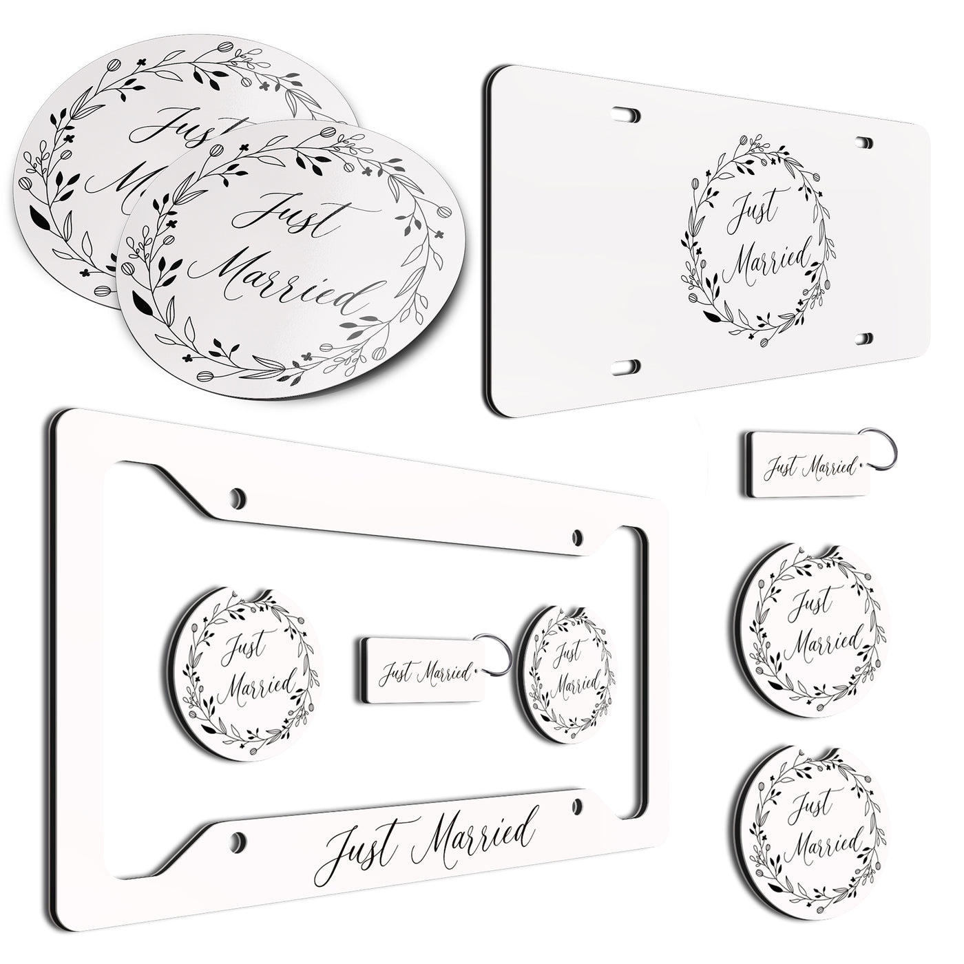 Just Married 7-Piece Wedding Car Decoration Set - License Plate Frame, Magnets, Coasters, Keychain, Complete Elegant Bridal Car Accessories, Perfect Wedding Gift