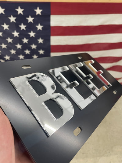 Beef License Plate Brushed Aluminum 2-D Farmer Heavy Duty