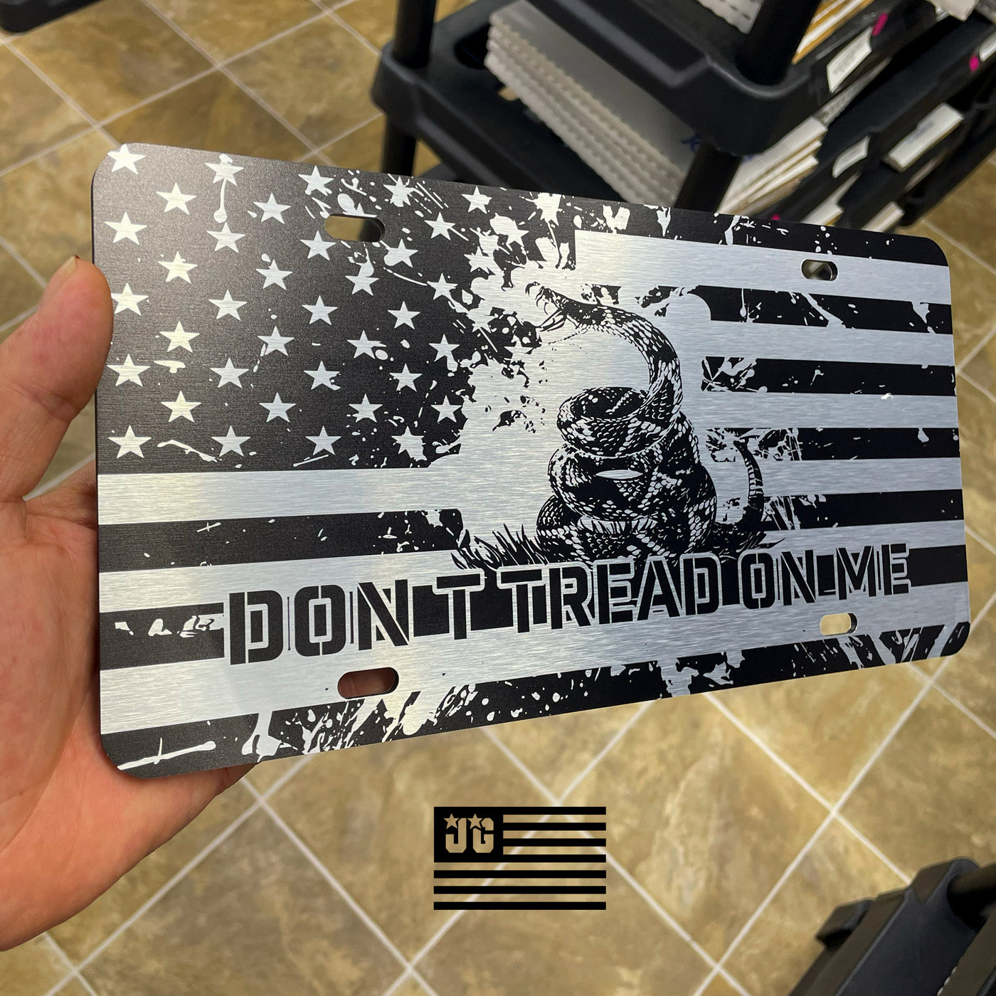 Don't Tread On Me License Plate - American Flag & Gadsden Snake Design, Durable Brushed Aluminum Composite Material, 12x6 Inch Patriotic Car Tag for Vehicles, Trailers, and Decorative Use