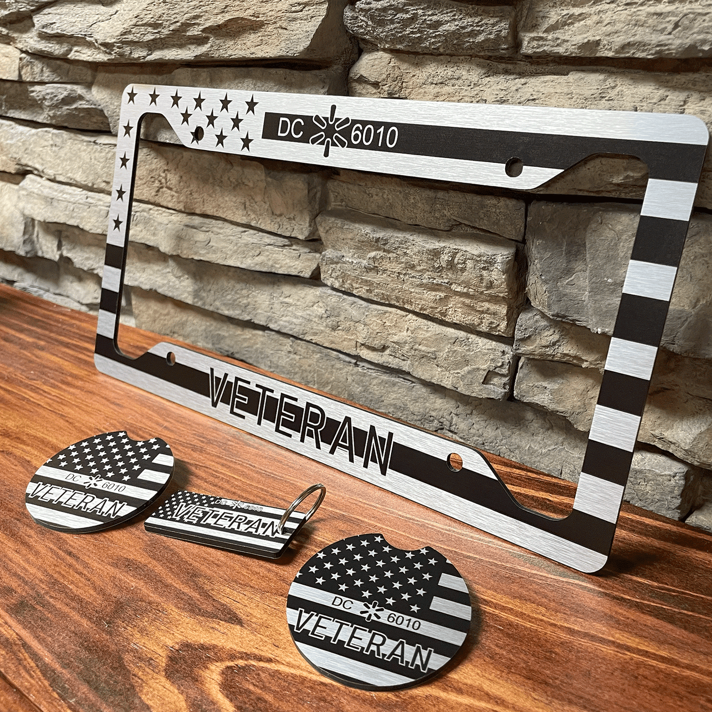 Personalized License Plate Frame + Keychain and 2 Coasters For Veterans