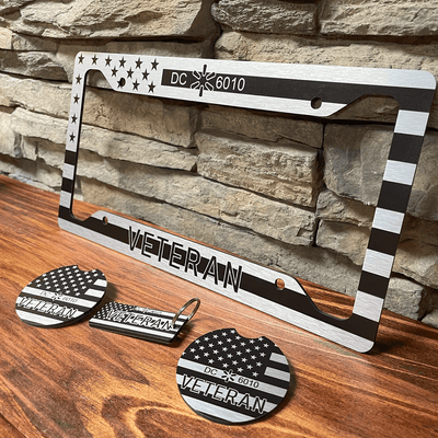 Personalized License Plate Frame + Keychain and 2 Coasters For Veterans