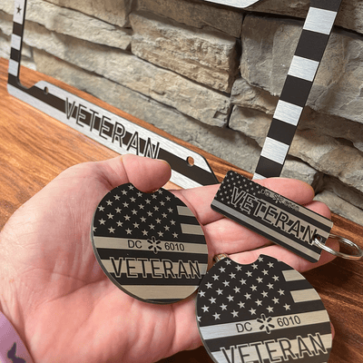 Personalized License Plate Frame + Keychain and 2 Coasters For Veterans