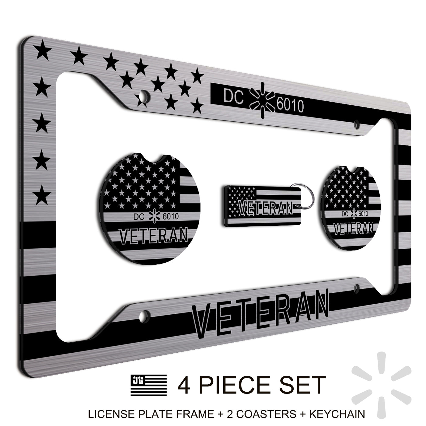 Personalized License Plate Frame + Keychain and 2 Coasters For Veterans