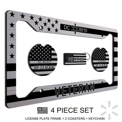 Personalized License Plate Frame + Keychain and 2 Coasters For Veterans