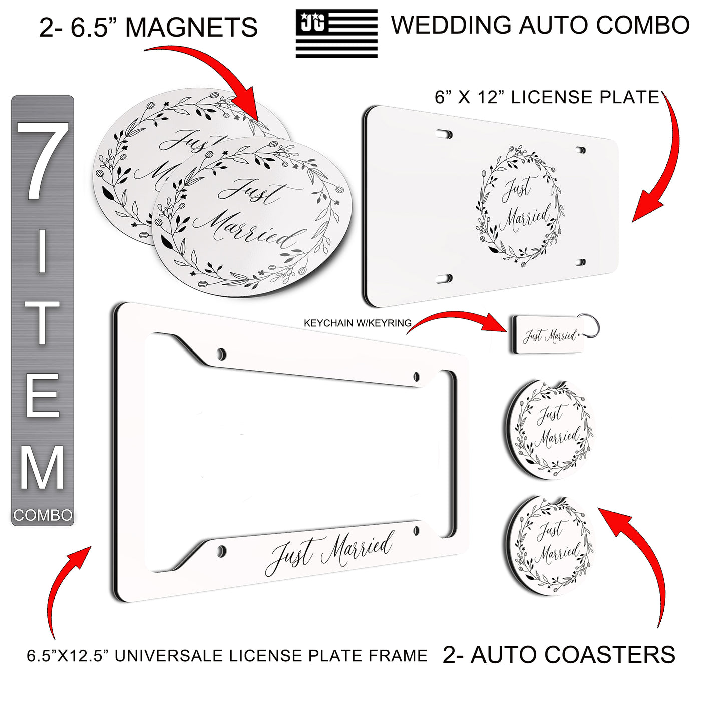 Just Married 7-Piece Wedding Car Decoration Set - License Plate Frame, Magnets, Coasters, Keychain, Complete Elegant Bridal Car Accessories, Perfect Wedding Gift