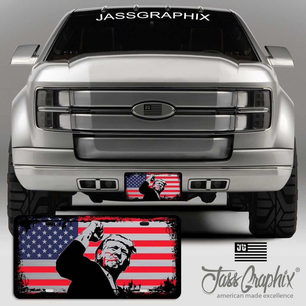 American Flag License Plate with Donald Trump Figure, Patriotic Car Tag, USA Flag Design, Weather-Resistant Metal Plate