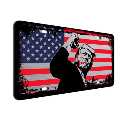 American Flag License Plate with Donald Trump Figure, Patriotic Car Tag, USA Flag Design, Weather-Resistant Metal Plate