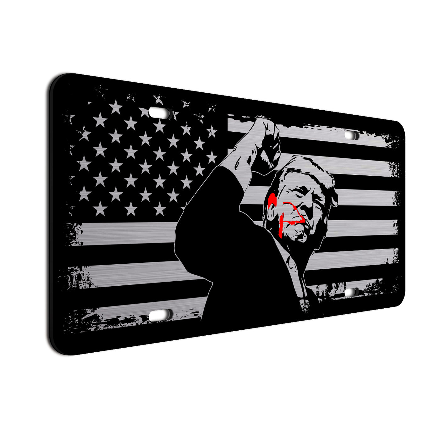 American Flag License Plate with Donald Trump Figure, Patriotic Car Tag, USA Flag Design, Weather-Resistant Metal Plate