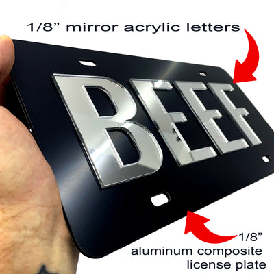 Beef License Plate Brushed Aluminum 2-D Farmer Heavy Duty