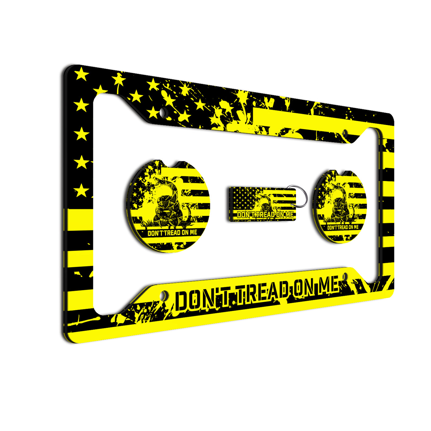 Don't Tread On Me License Plate Frame Set - American Flag & Gadsden Snake Design, Durable 12"x6" Patriotic Car Accessories with Keychain and Coasters