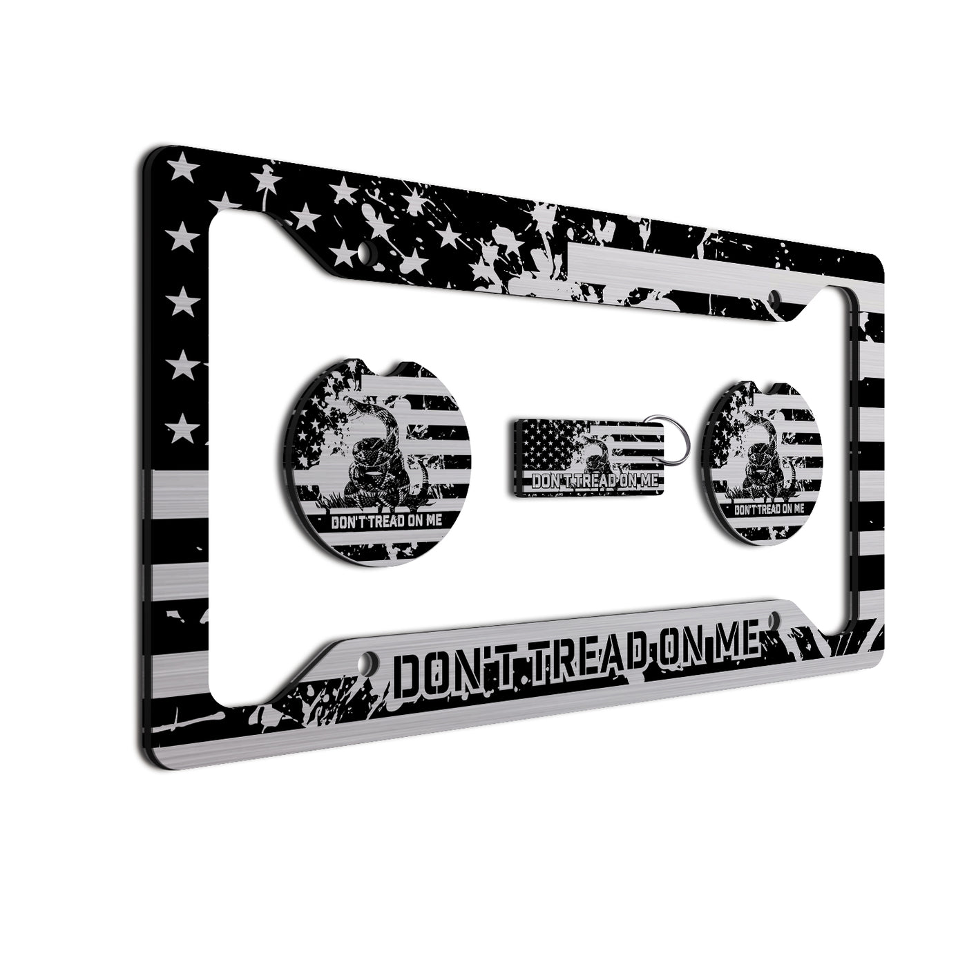 Don't Tread On Me License Plate Frame Set - American Flag & Gadsden Snake Design, Durable 12"x6" Patriotic Car Accessories with Keychain and Coasters