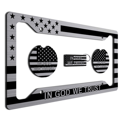 American Flag In God We Trust License Plate Frame + Coasters + Keychain - Perfect for God and Country Lovers - Tactical Patriot Brush License Plate Frame Made in USA