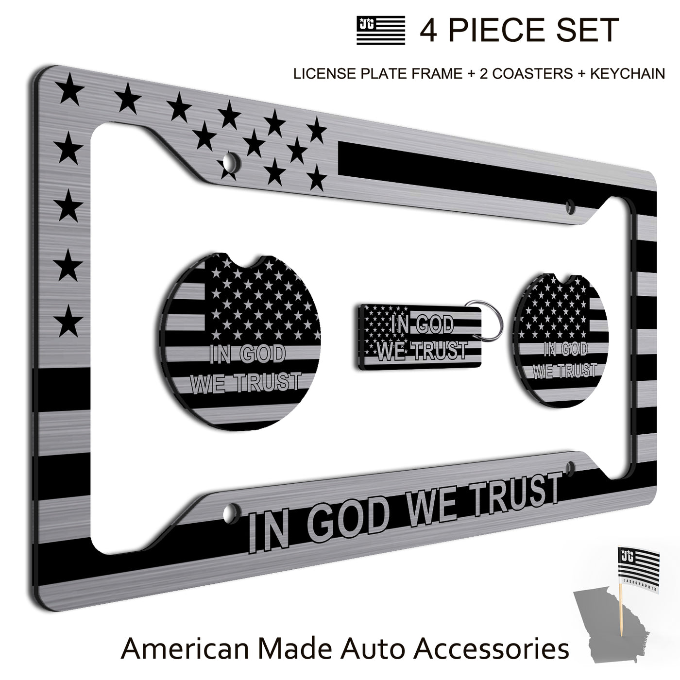 American Flag In God We Trust License Plate Frame + Coasters + Keychain - Perfect for God and Country Lovers - Tactical Patriot Brush License Plate Frame Made in USA