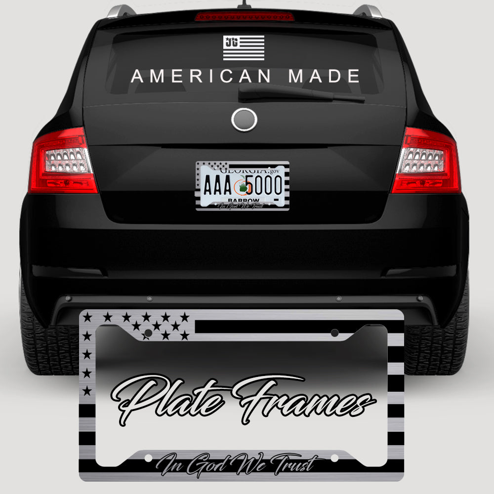 American Flag In God We Trust License Plate Frame + Coasters + Keychain - Perfect for God and Country Lovers - Tactical Patriot Brush License Plate Frame Made in USA