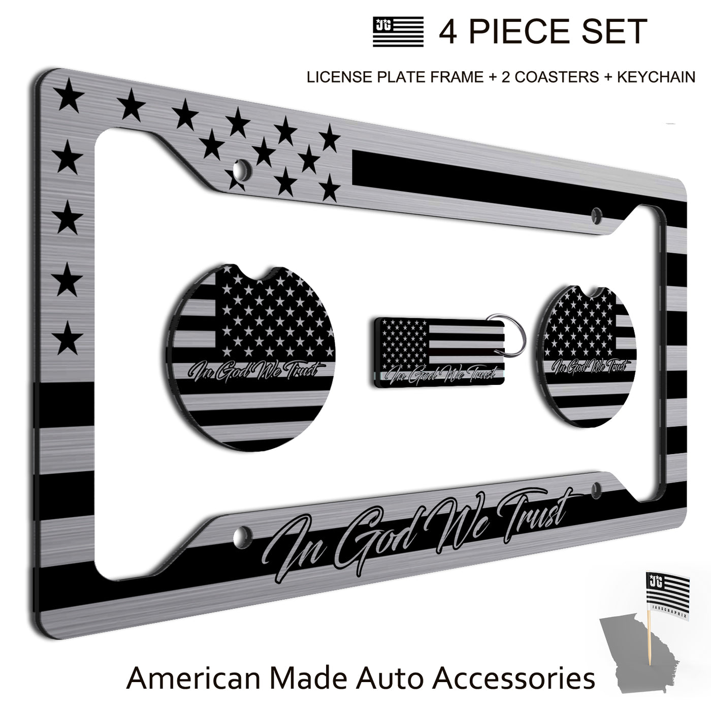 American Flag In God We Trust License Plate Frame + Coasters + Keychain - Perfect for God and Country Lovers - Tactical Patriot Brush License Plate Frame Made in USA