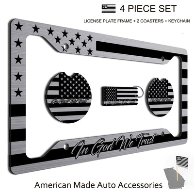 American Flag In God We Trust License Plate Frame + Coasters + Keychain - Perfect for God and Country Lovers - Tactical Patriot Brush License Plate Frame Made in USA