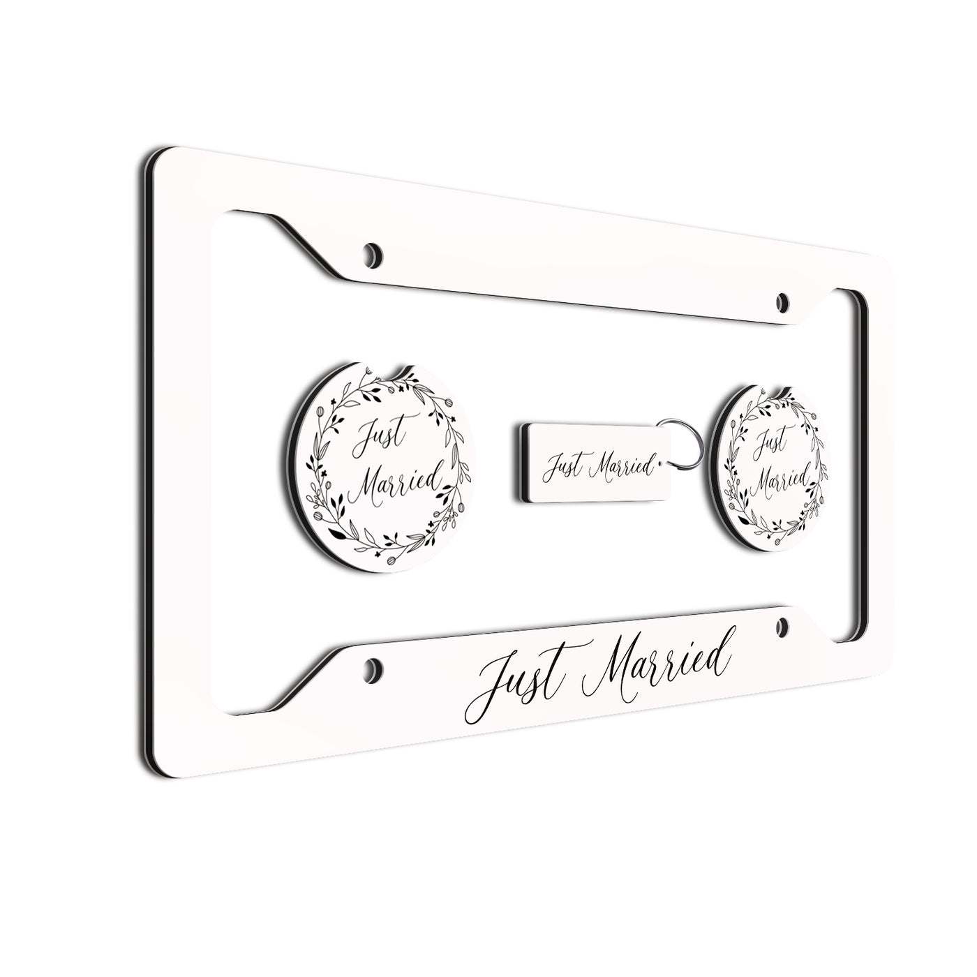 Just Married License Plate Frame Set - Complete Wedding Car Decoration, Includes Keychain and Coasters, Elegant Design, Perfect Gift, Easy Installation