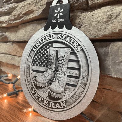 United States Veteran 8x8 Circle Ornament Customizable Metal Wall Art with American Flag and Boots Design - Military Tribute Sign