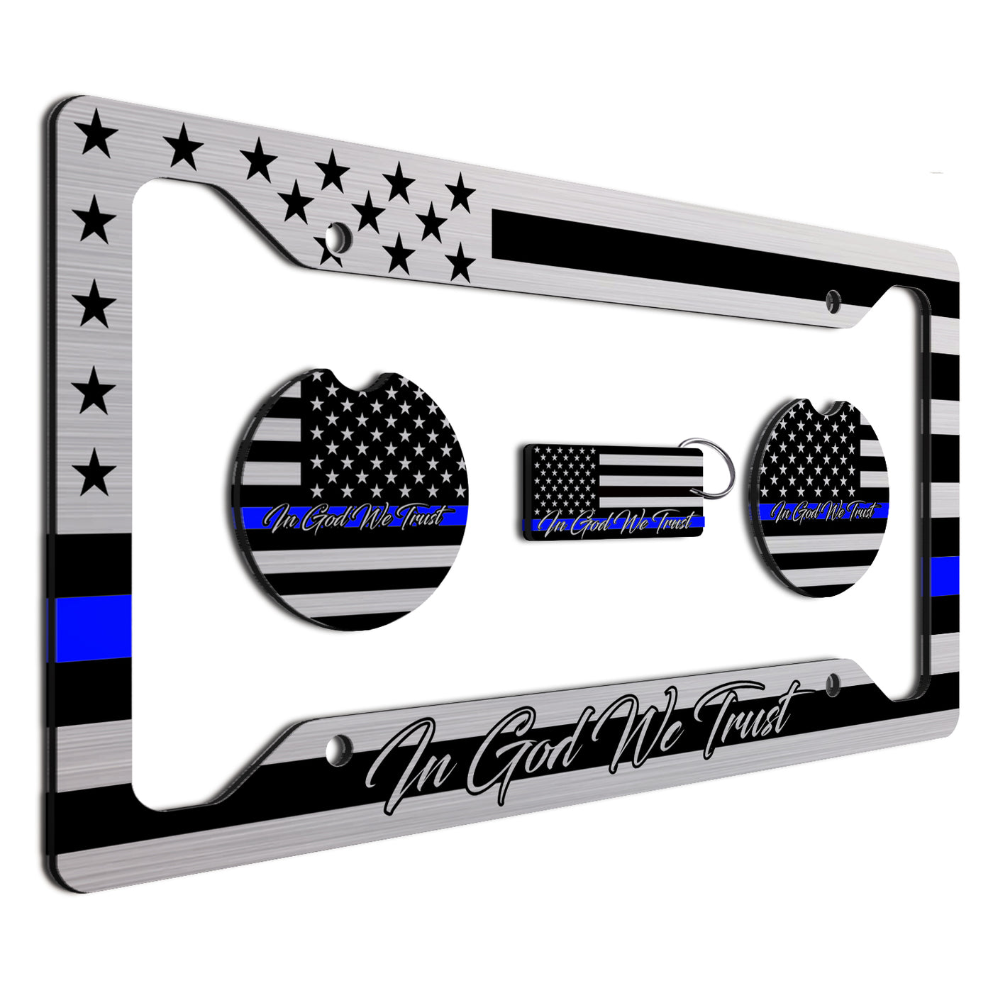 American Flag In God We Trust License Plate Frame + Coasters + Keychain - Perfect for God and Country Lovers - Tactical Patriot Brush License Plate Frame Made in USA