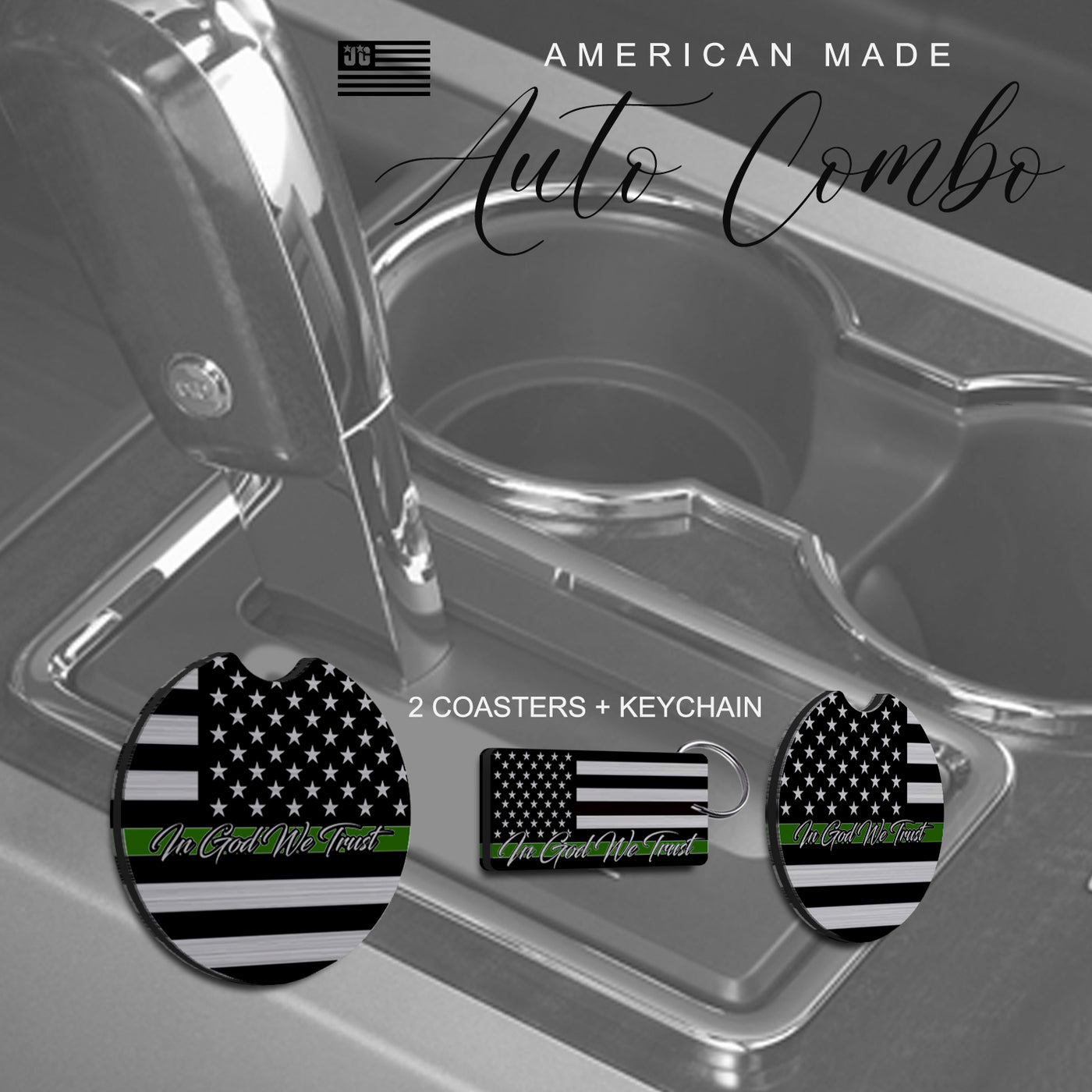 American Flag In God We Trust License Plate Frame + Coasters + Keychain - Perfect for God and Country Lovers - Tactical Patriot Brush License Plate Frame Made in USA