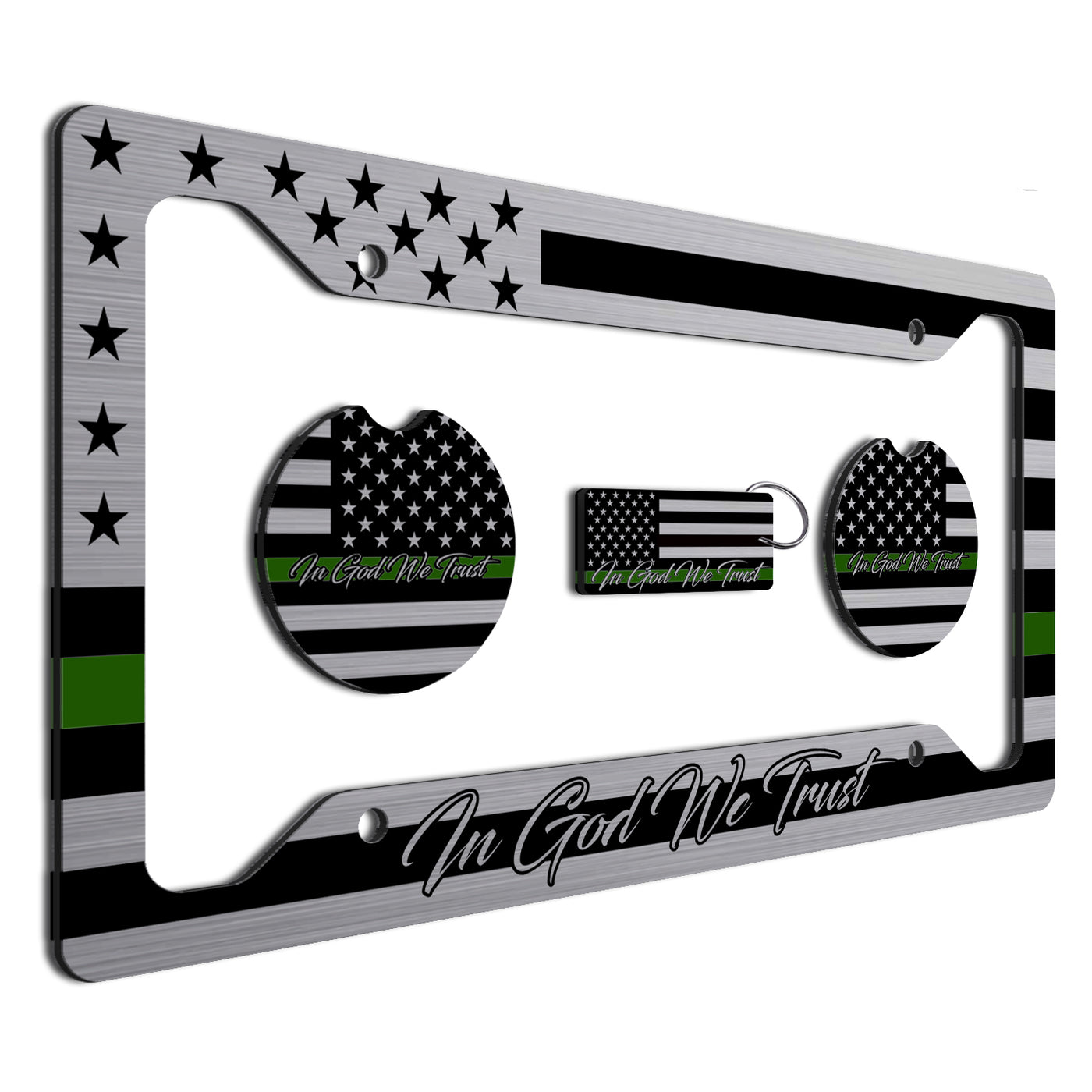 American Flag In God We Trust License Plate Frame + Coasters + Keychain - Perfect for God and Country Lovers - Tactical Patriot Brush License Plate Frame Made in USA