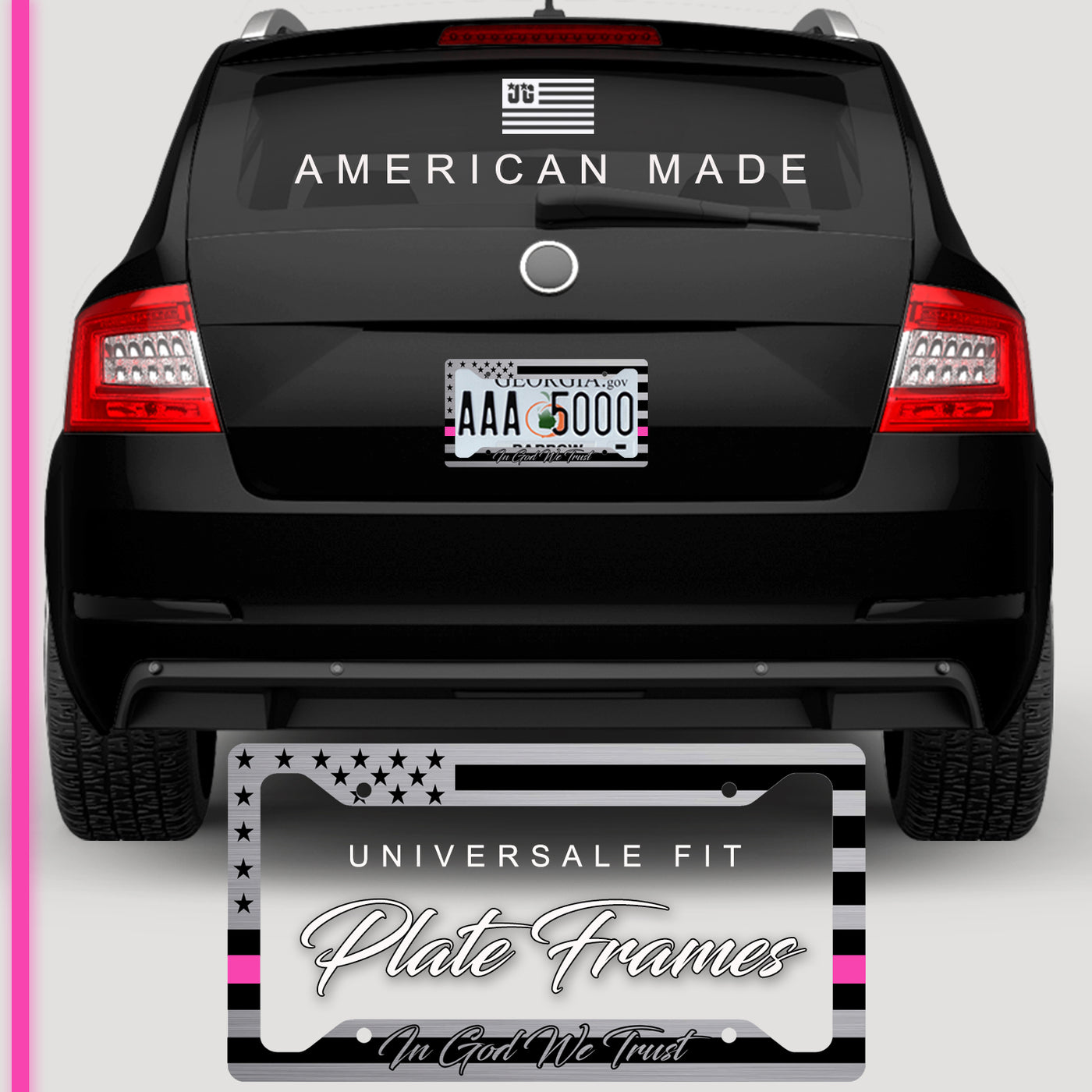 American Flag In God We Trust License Plate Frame + Coasters + Keychain - Perfect for God and Country Lovers - Tactical Patriot Brush License Plate Frame Made in USA