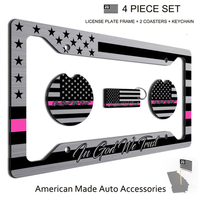 American Flag In God We Trust License Plate Frame + Coasters + Keychain - Perfect for God and Country Lovers - Tactical Patriot Brush License Plate Frame Made in USA