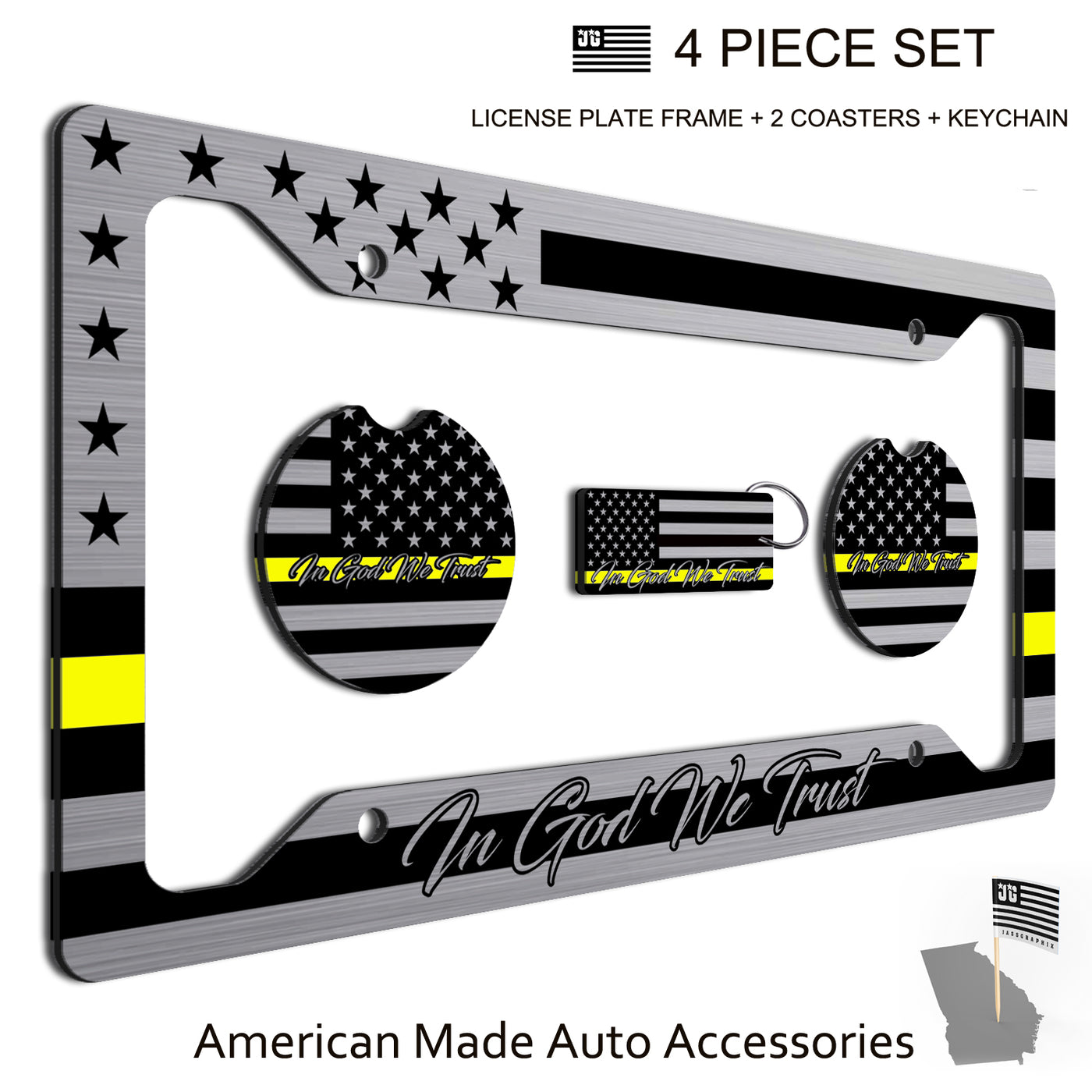 American Flag In God We Trust License Plate Frame + Coasters + Keychain - Perfect for God and Country Lovers - Tactical Patriot Brush License Plate Frame Made in USA