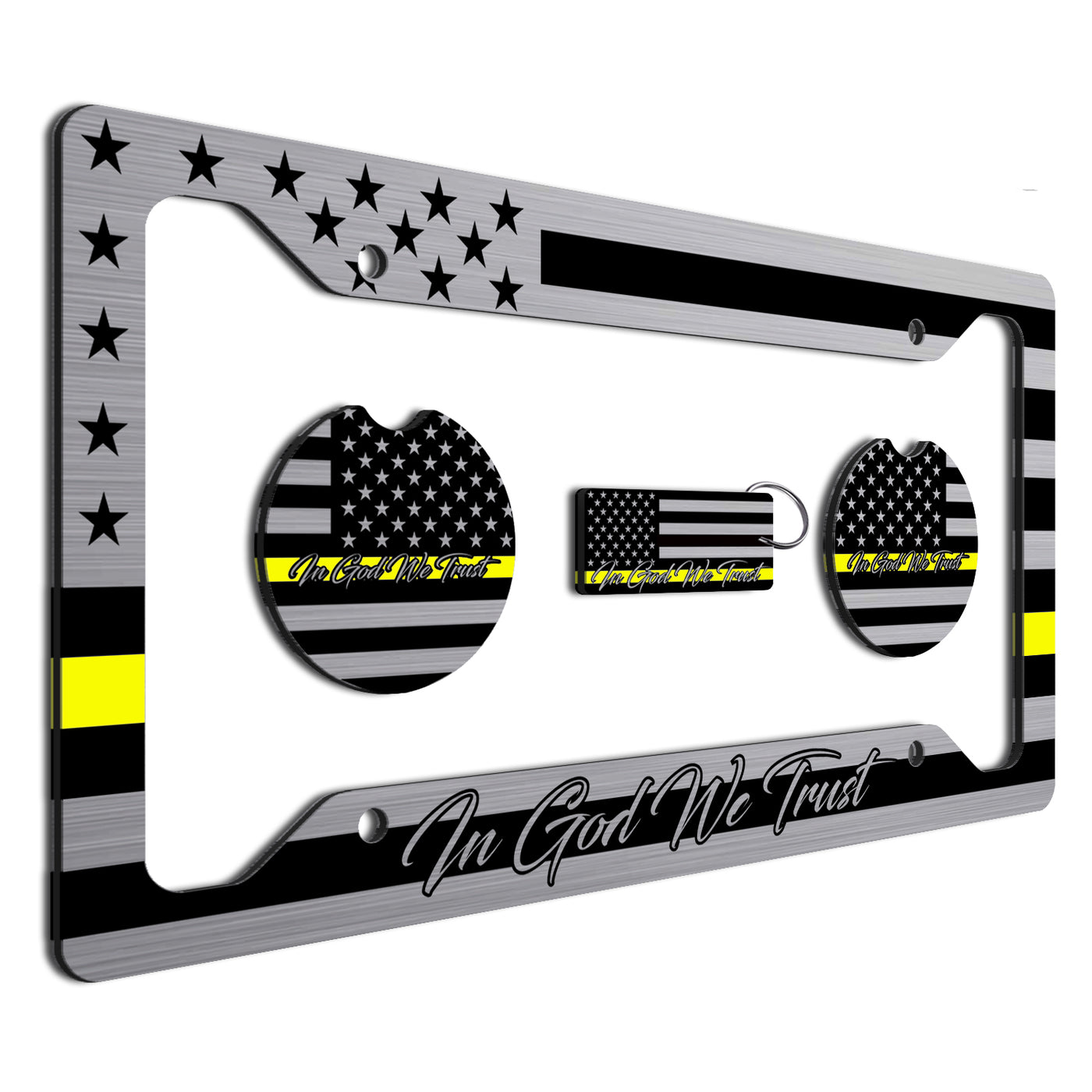 American Flag In God We Trust License Plate Frame + Coasters + Keychain - Perfect for God and Country Lovers - Tactical Patriot Brush License Plate Frame Made in USA