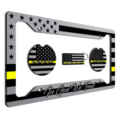 American Flag In God We Trust License Plate Frame + Coasters + Keychain - Perfect for God and Country Lovers - Tactical Patriot Brush License Plate Frame Made in USA