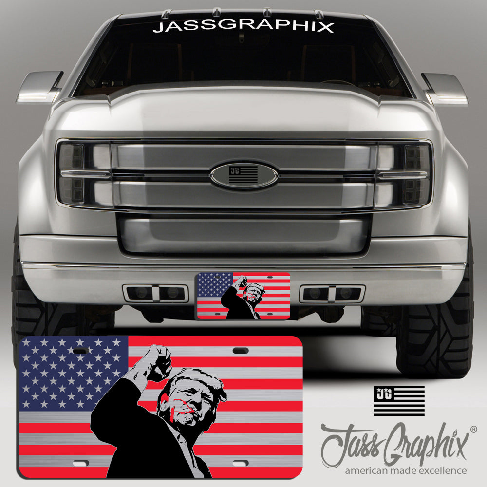 American Flag License Plate with Donald Trump Figure, Patriotic Car Tag, USA Flag Design, Weather-Resistant Metal Plate