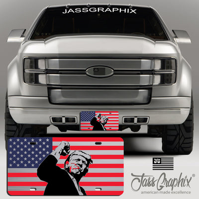 American Flag License Plate with Donald Trump Figure, Patriotic Car Tag, USA Flag Design, Weather-Resistant Metal Plate