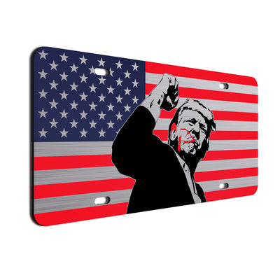 American Flag License Plate with Donald Trump Figure, Patriotic Car Tag, USA Flag Design, Weather-Resistant Metal Plate