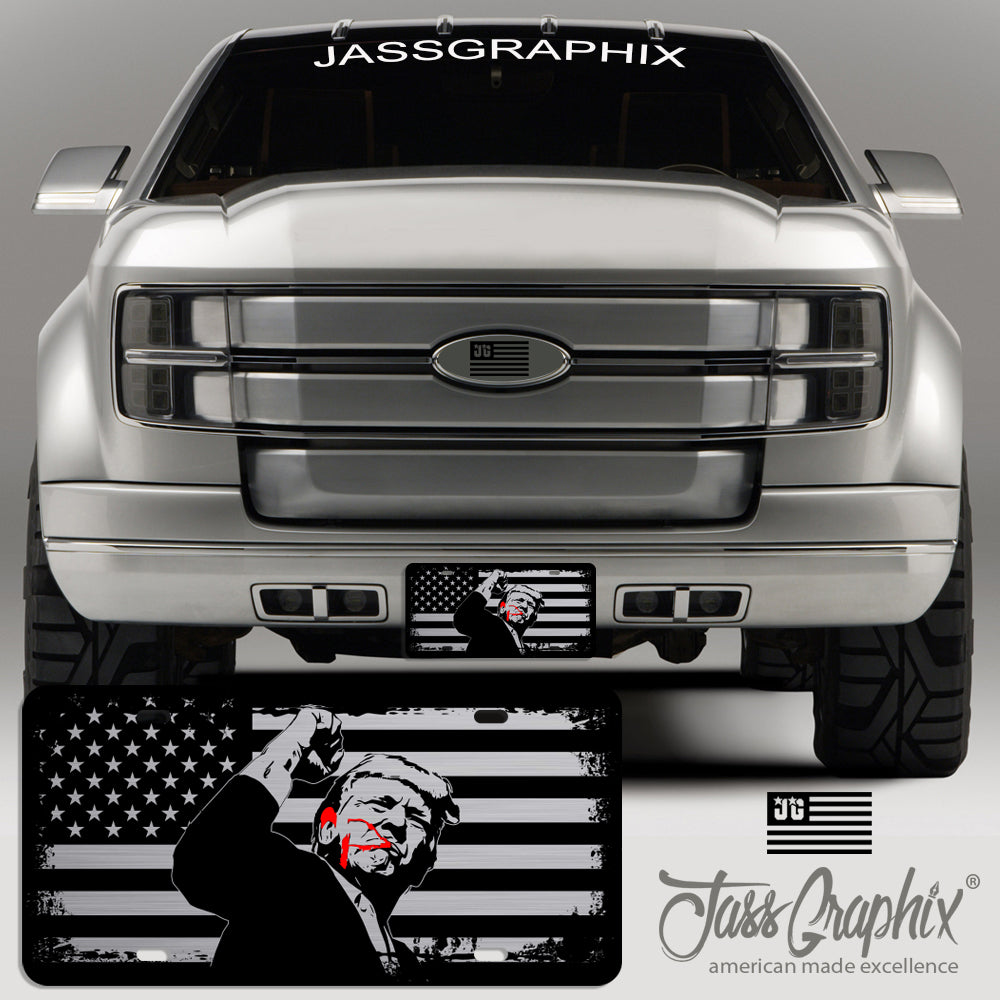 American Flag License Plate with Donald Trump Figure, Patriotic Car Tag, USA Flag Design, Weather-Resistant Metal Plate