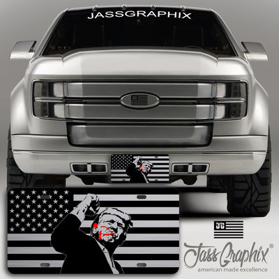 American Flag License Plate with Donald Trump Figure, Patriotic Car Tag, USA Flag Design, Weather-Resistant Metal Plate