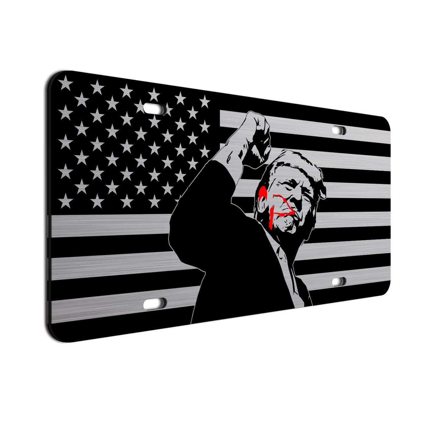 American Flag License Plate with Donald Trump Figure, Patriotic Car Tag, USA Flag Design, Weather-Resistant Metal Plate